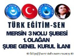 TÜRK EĞİTİM-SEN MERSİN 3 NOLU ŞUBESİ 1. OLAĞAN ŞUBE GENEL KURUL İLANI